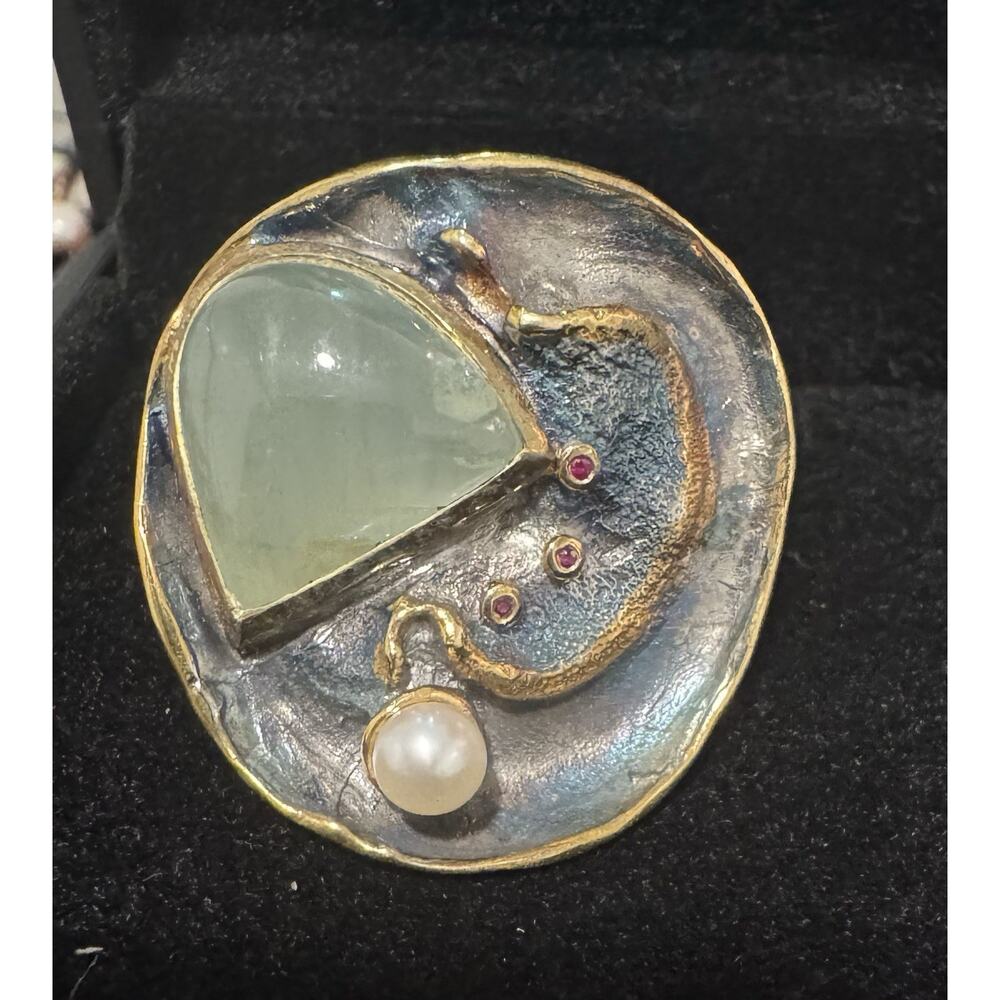 Size 8.75 Rhodium Plated Ring. Jade, Gold Inlay, Pearl And Garnet Adorn The Ring